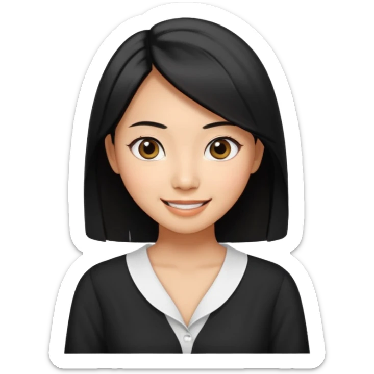 30 yr old asian woman center parted hair big eyes big smile tanned skin straight black hair hippie part hair white blouse shoulder length hair sticker