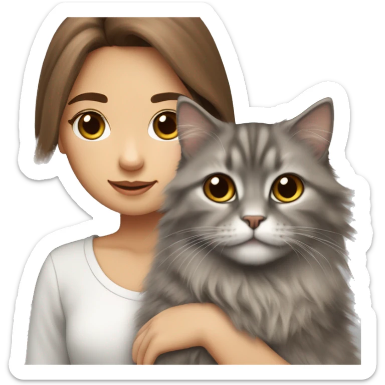  Chestnut brown straight hair girl holding fluffy Siberian gray cat  sticker
