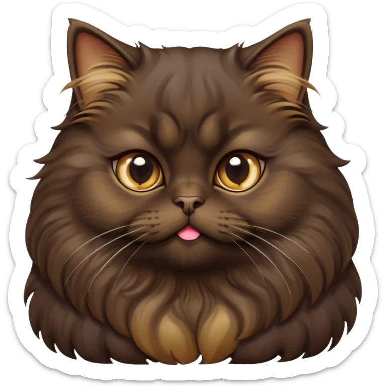 Cinematic Adorable Big-Eyed Fluffy Dark Brown Persian Cat Portrait Emoji, Head tilted playfully with a sweet expression, fluffy dark brown fur with rich caramel and gold undertones, Simplified yet irresistibly cute features with large, expressive eyes, highly detailed, glowing with a warm and gentle glow, high shine, a mix of affectionate and curious, stylized with a touch of whimsy, bright and full of charm, soft glowing outline, capturing the essence of a fluffy, loving kitty with oversized eyes, so endearing it feels like it could leap out of the screen and cuddle with you instantly! sticker
