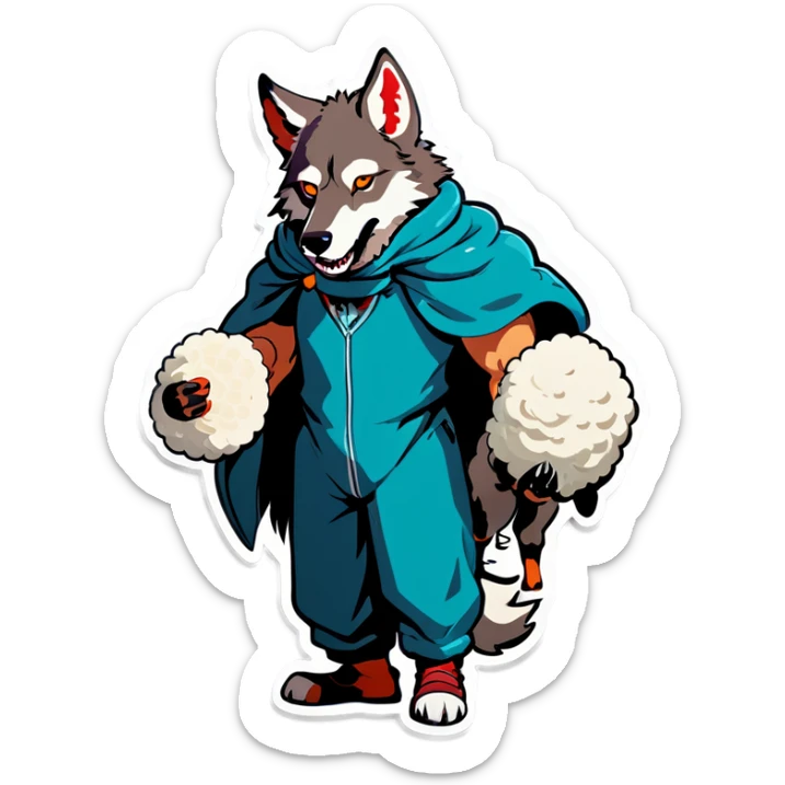 the whole body of a wolf with a human body in its hand, with sheep's masks in its hands sticker