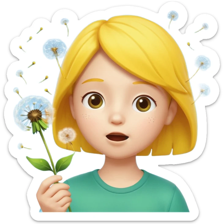 A 3D cartoon child blowing on a dandelion, seeds flying in the air, sunny garden background, realistic Memoji-style. sticker