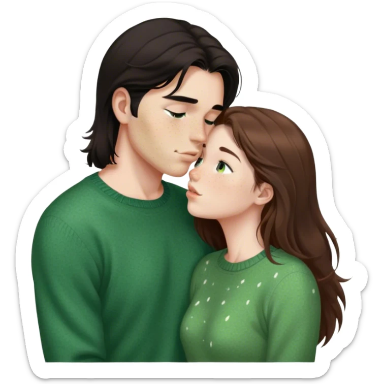 Young guy with black slightly long hair kissing a young woman with brown hair and  green sweater and only the woman has very light freckles with the emoji made so there is no part that is cut off sticker