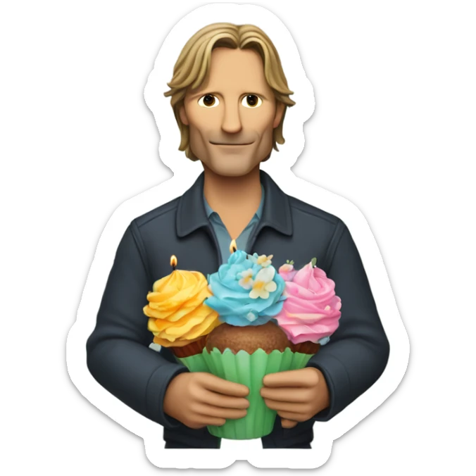 Viggo Mortenson holding a bunch of flowers and a cupcake with a birthday candle in it sticker