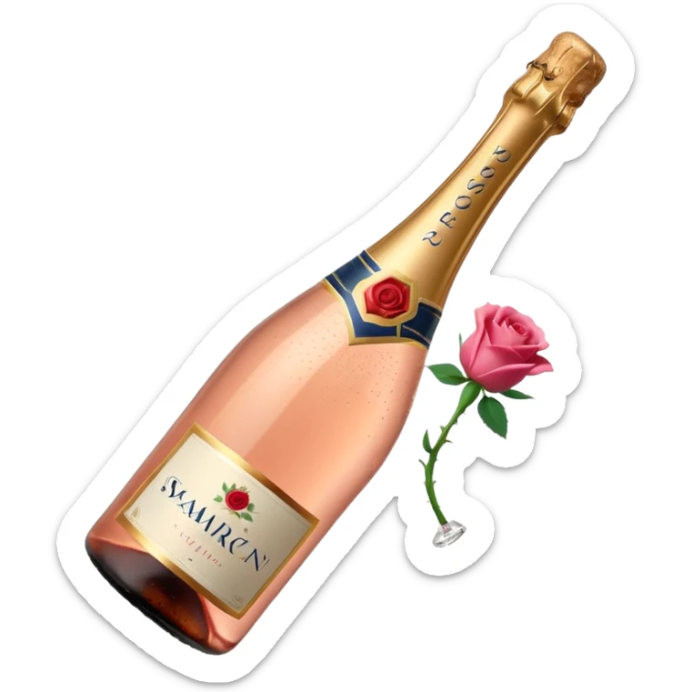 bottle of sparkling rosé champagne with a rose logo on the label, with the cork popping out from the top, tilted up and to the left, no glass sticker