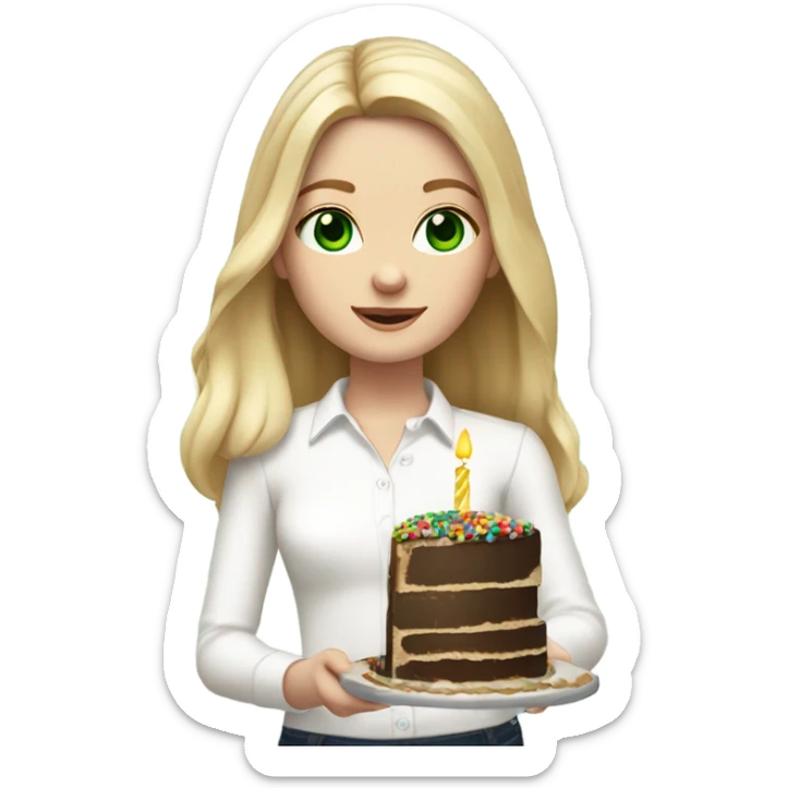 White girl with blonde straight hair, dark green eyes, white shirt, birthday cake in hands sticker