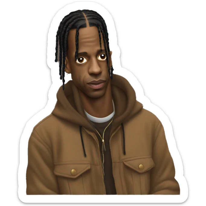 Iconic-style Candid Likeness Travis Scott:

A cool presence in streetwear, with focused eyes and laid-back stance. Known for his electric energy and innovative vibe, blending hype with a sense of mystery. sticker