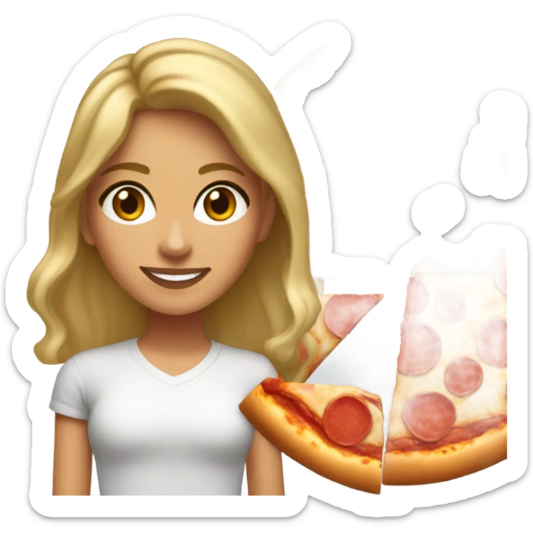 young adult woman with dirty blonde hair and amber eyes with Mexican facial features eating pepperoni pizza sticker