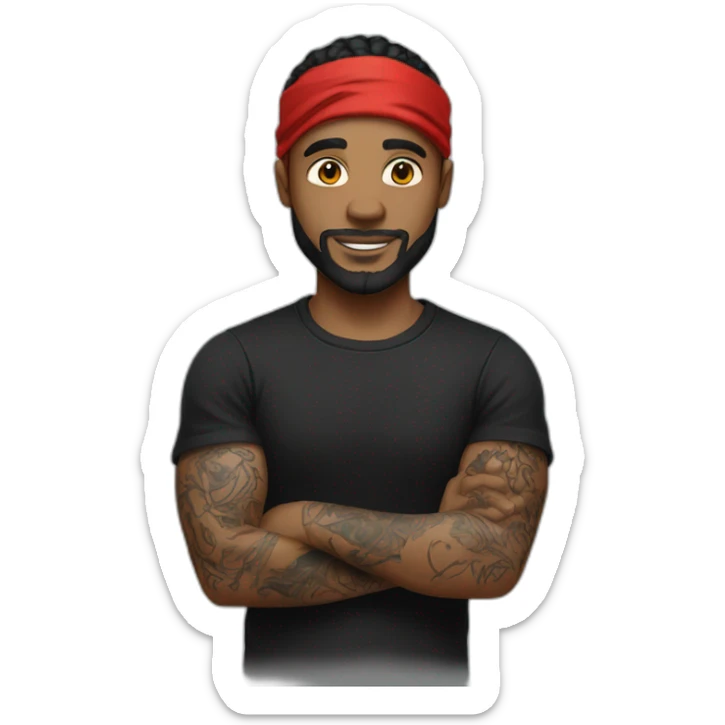 white man with tattoos in a black T-shirt and a red bandana sticker