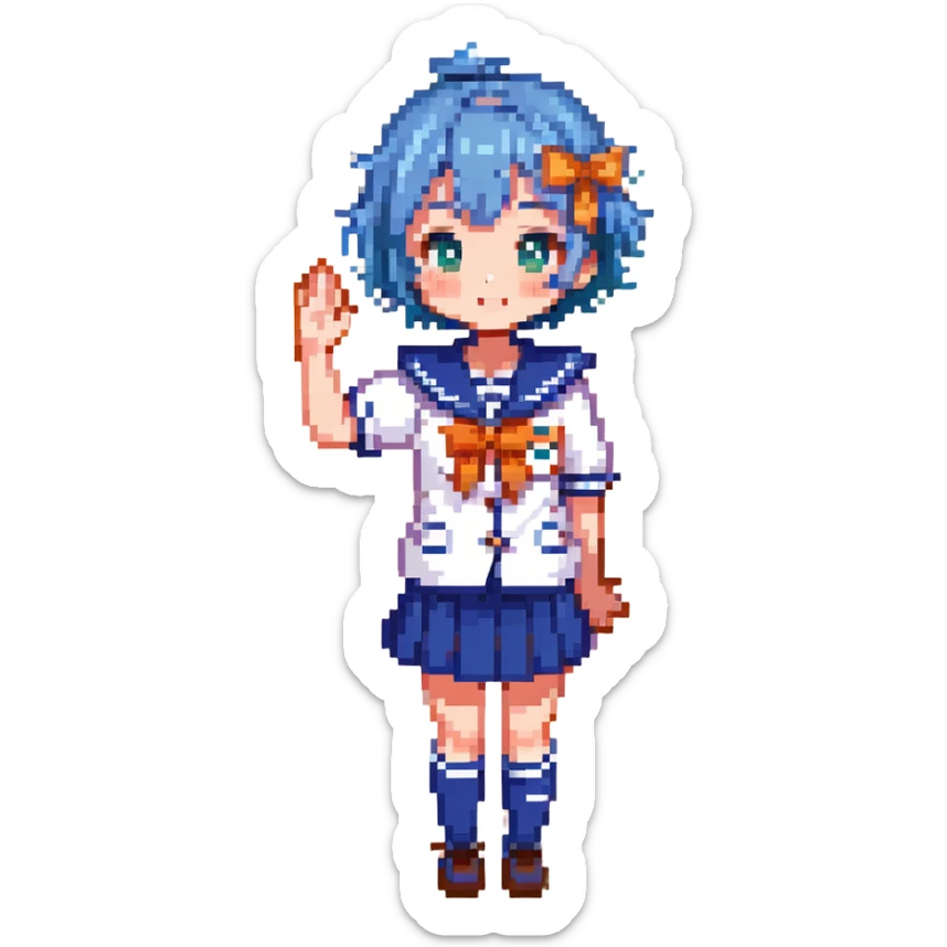 Pixel art anime girl with short bright blue hair wearing Japanese sailor style school uniform, composed posture with hand on hip but shyly waving with other hand, blushing face and timid smile, very shy expression sticker