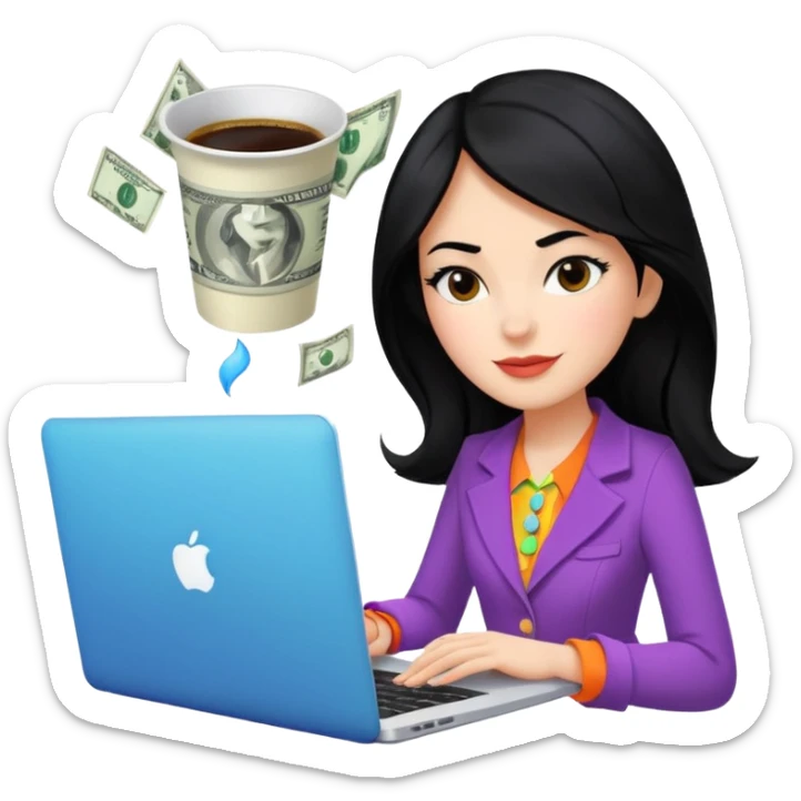 woman character with laptop and coffee in Paris, dollars coming out from the screen floating, colorful chic outfit, white laptop, Pixar style, black hair, fair skin,  sticker