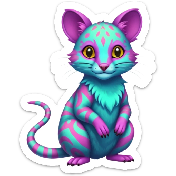 Tropical Neon-colored fantasy feline-rodent-marsupial-critter-vernid-fursona animal creature full body with intricate markings  sticker