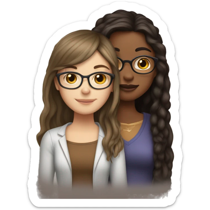 white girl with glasses and  long straight brown hair and bangs that’s hugging brown girl with longcurly dark brown hair sticker
