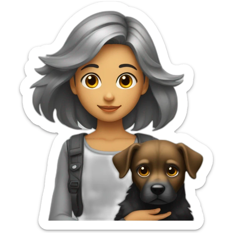 Fille aux cheveux noirs qui portent un chien gris dans ses bras sticker
