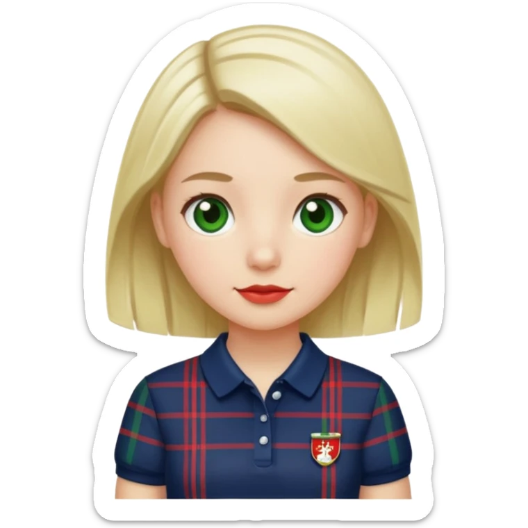 School uniform with navy polo shirt and navy plaid skirt with green white and red  sticker