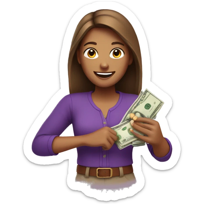 tan emoji woman with purple shirt and brown hair holding money and smiling sticker