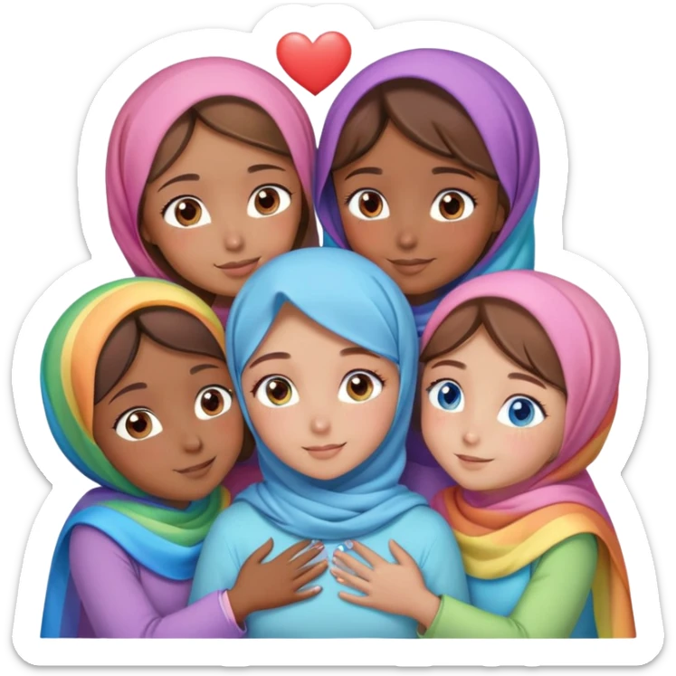 Four sister hugs Turkish girls beautiful finish Konya brown blue eyes with raimbow pastel hijab and heart dress and hugs  sticker
