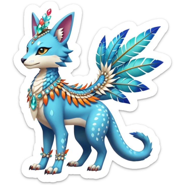 Kawaii cute colorful exotic tropical beautiful pretty elegant divine edgy feline-vernid-sergal-Fakémon-Pokémon-fursona-animal-creature with accessories, jewelries, full body, with intricate detailed markings, feathers, crystals, fins, headdress sticker