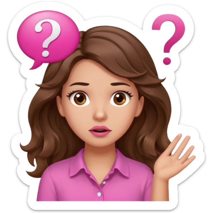 girl with long wavy brown hair, brown eyes, light to medium complexion, in a pink shirt, pink lips, long lashes, confused, question mark one speech bubble sticker