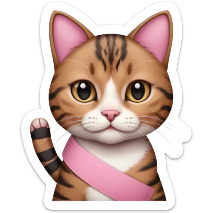 a young female brown and black tabby cat, with a pink bandage on her front paw, sticker