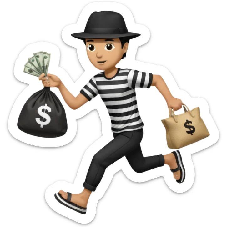 Make a man wear a black pant and he shirt is balck line and white line and wear a black hat and he holding a money bag and he running he wear a black eye thing no money in the Left hand and he yellow and the money bag in the right he wear a flip flop like this is Money bag 💰 NO MONEY sticker