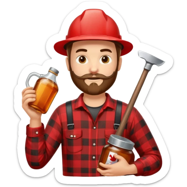 I want a Canadian lumberjack wearing a red and black plaid shirt drinking maple syrup out of the maple syrup bottle and holding a axe in the other sticker