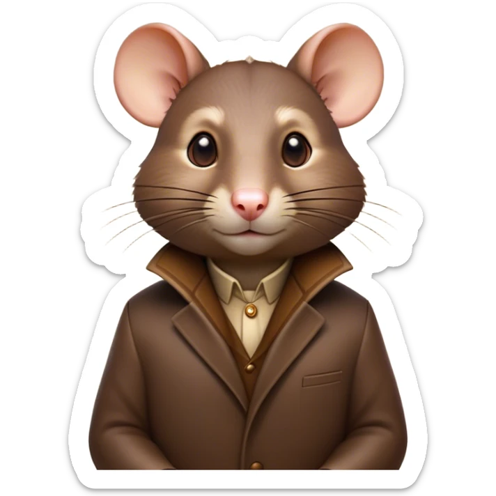 Cinematic Noble Brown Rat Portrait Emoji, Poised and alert, with a sleek, agile build and a smooth, well-groomed coat of warm brown fur, beady, determined eyes, Simplified yet sharp and sophisticated features, highly detailed, glowing with a soft, dignified glow, high shine, intelligent and resourceful, stylized with an air of urban savvy, focused and attentive, soft glowing outline, capturing the essence of a watchful and confident rat that feels as though it could scurry out of the screen with effortless authority! sticker