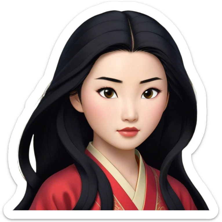 Cinematic Realistic Mulan Portrait, depicted with lifelike skin texture, soft natural lighting, and intricately detailed long black hair styled elegantly. Her deep, expressive eyes exude determination and grace, complemented by a serene yet confident expression. She is dressed in her classic attire, with rich fabric textures and delicate folds that catch the light beautifully. The portrait features a soft, enchanting glow with a natural, radiant finish, capturing the essence of timeless strength and beauty in a realistic and painterly style, evoking a sense of depth and authenticity. sticker