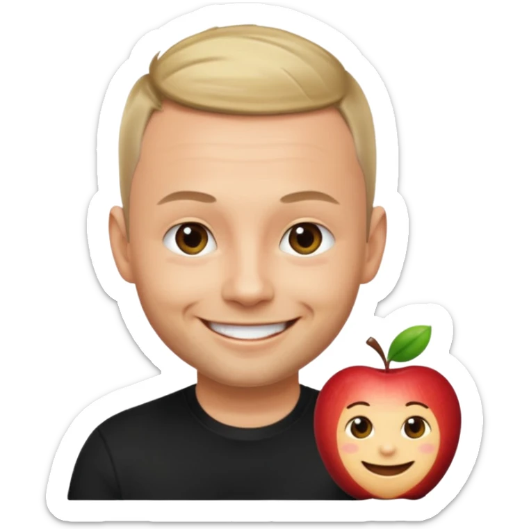 Paul Landers, apple style emoji, cheerful vibe, short hair, black shirt sticker