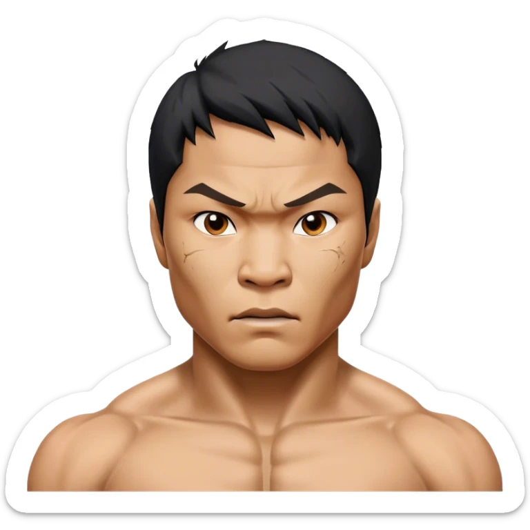 ​Cinematic Realistic Portrait of Tony Jaa, a close-up depiction capturing his intense, determined expression and finely detailed features, rendered with dramatic natural lighting that emphasizes his rugged athleticism and unmistakable martial arts presence, sticker