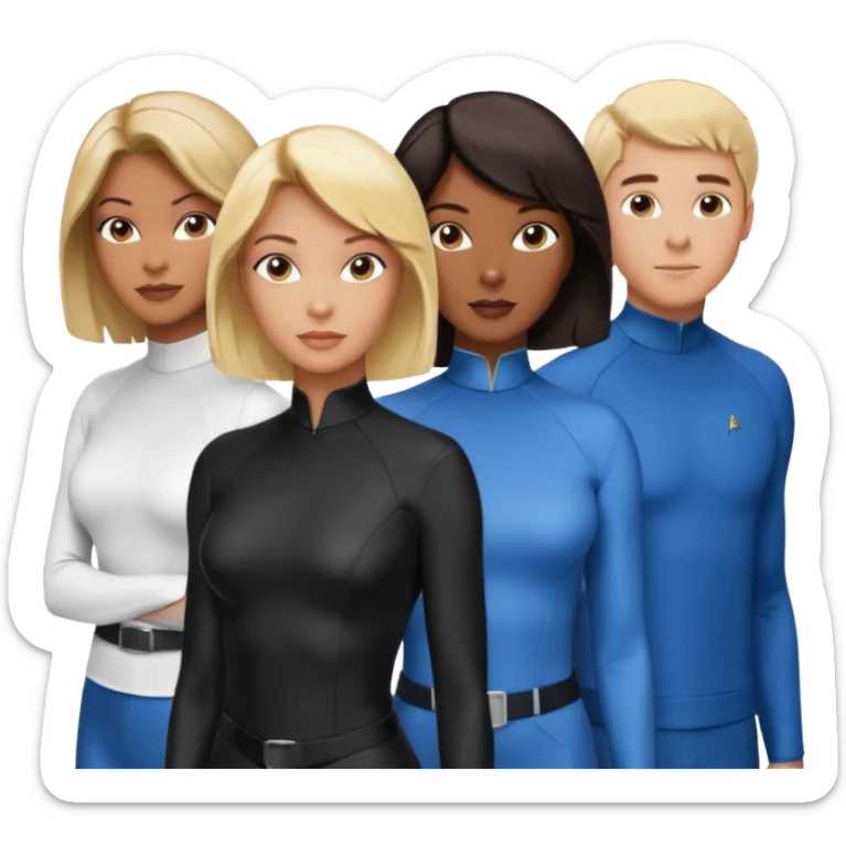 3 Friends standing side by side, charlie's angels style: 1 black woman with a short flat pressed bob, 1 hispanic man with a thin nose and long hair, and 1 white guy with blue eyes and a short brown-blonde haircut sticker
