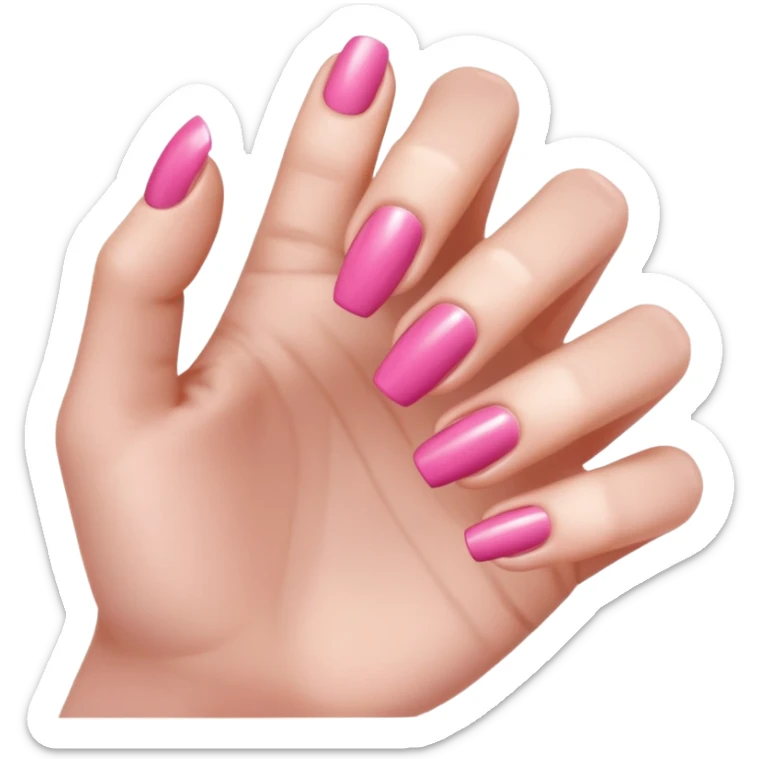 pink close-up of a hand with beautifully manicured nails, glossy pink nail polish, elegant nail shape, soft lighting and shadows, realistic style, sticker