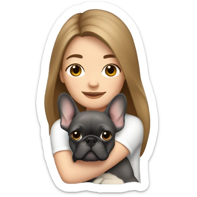 light brown hair woman hugging a dark gray french bulldog sticker