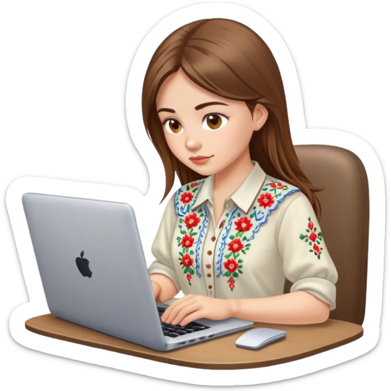 A Ukrainian girl with brown hair in an embroidered shirt works at her laptop sticker