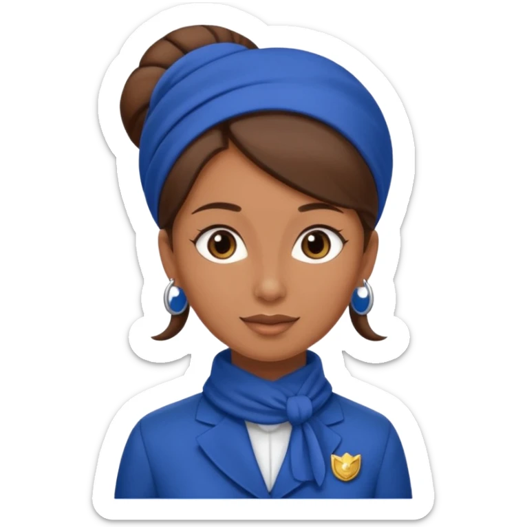 Brown tan skin flight attendant, brown hair in a bun, blue uniform, blue scarf sticker