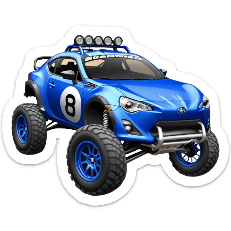 Dirty raced jacked 2013 scion fr-s ultramarine off road 4wd monster Baja dessert stadium racer number 86 with long travel suspension, shiny silver wheels, exaggerated wide black fender flares  sticker