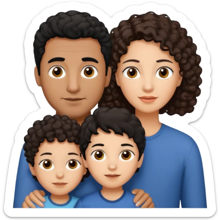  family, mom has brown eyes black hair brown skin, dad is white with brown curly hair and two kids boy and girl who are a mix of the two parents sticker