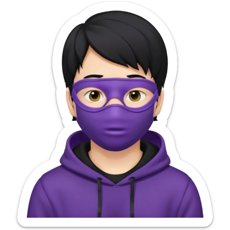 white man with black hair and black hoodie violett face mask thats covering the eyes sticker
