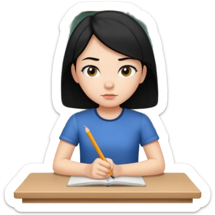 girl with black hair in short sleeves focusing in class sticker