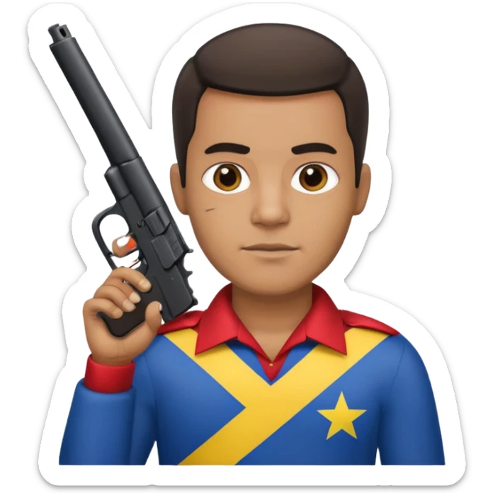 A Venezuelan with the Venezuela flag around his neck holding a gun tap sticker