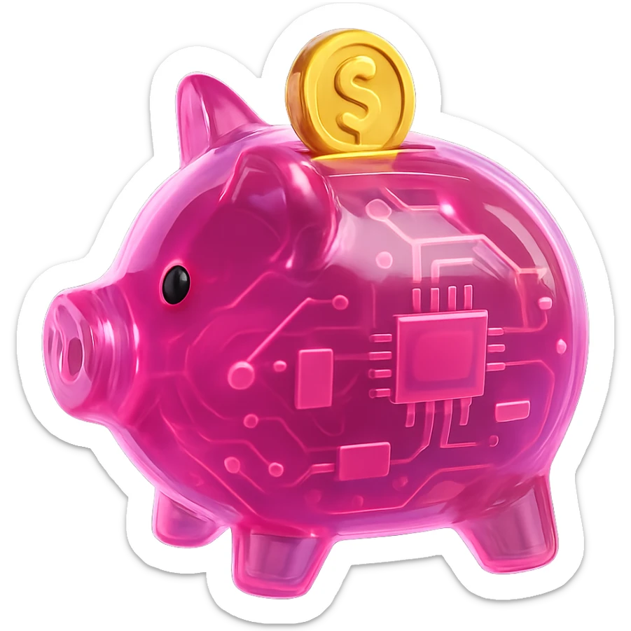 Side profile view of a pink piggy bank with a coin, 3d cartoon style, smooth and shiny surface, no background, glossy and reflective finish. sticker