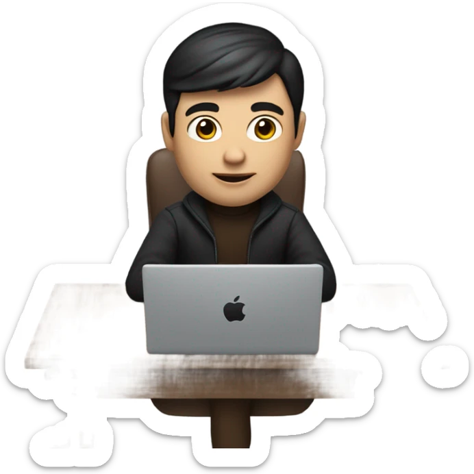     memoji of a man with a laptop in front, apple-style,modern,dark hair,dark brown sweater,computer in hand,sitting on his desk sticker
