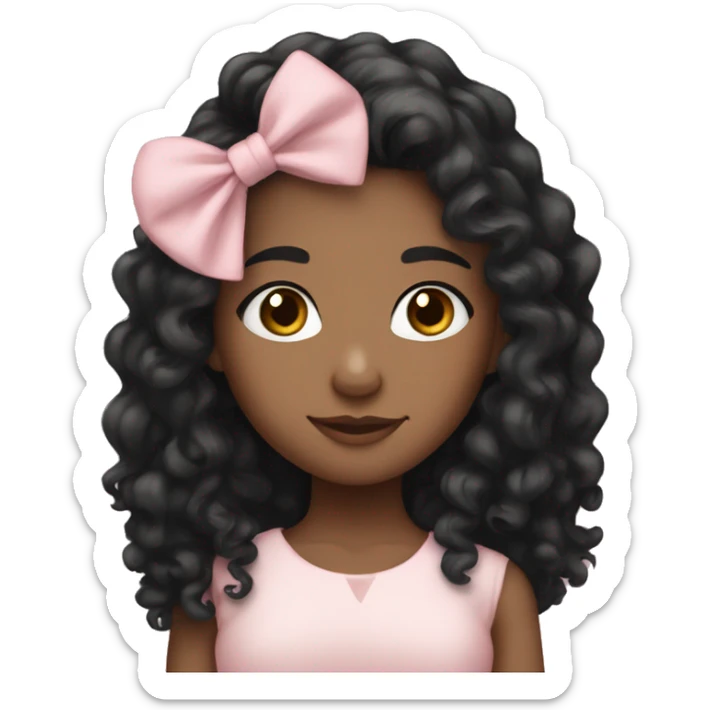 Medium skin tone girl with long curly black hair and a pale pink bow sticker