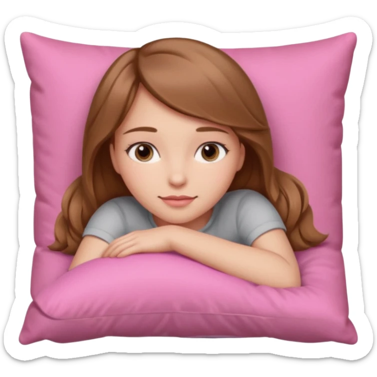 Girl lying on a pink pillow, light brown hair, gray eyes, iOS 18 style sticker