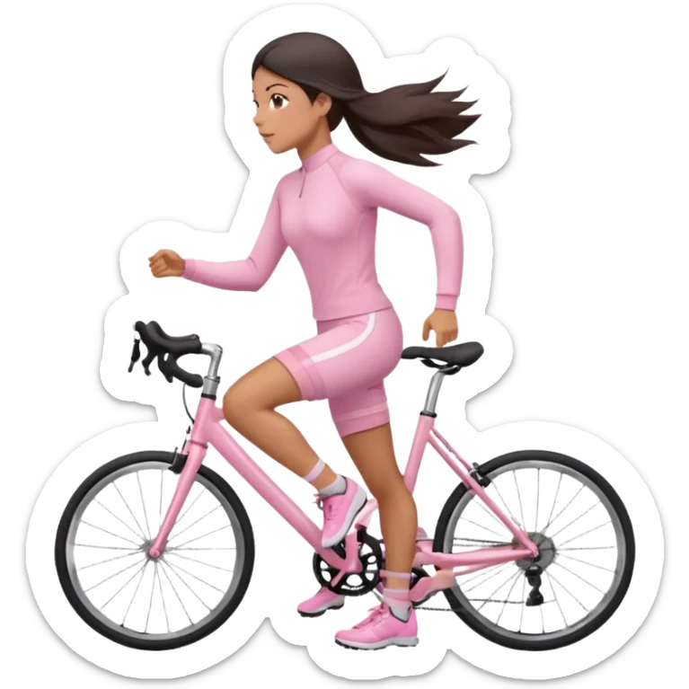A girl in soft pink sporty tight-fitting clothes, a long-sleeved fitted sweater and cycling shorts is running, her hair is dark and straight, neatly styled. sticker