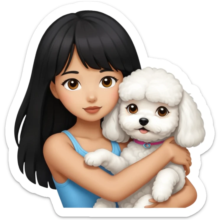 A beautiful girl with long black hair and bangs hugs a Bichon Frise tightly sticker