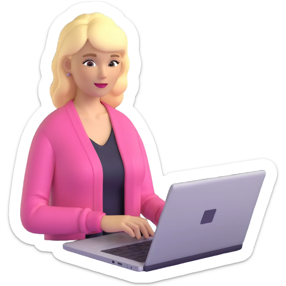 blonde woman in a pink cardigan working on a laptop sticker