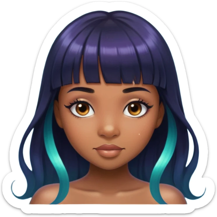 brownskin girl, beautiful girl, mermaid appearance, black straight hair with bangs above eyebrowns, nostril piercing sticker