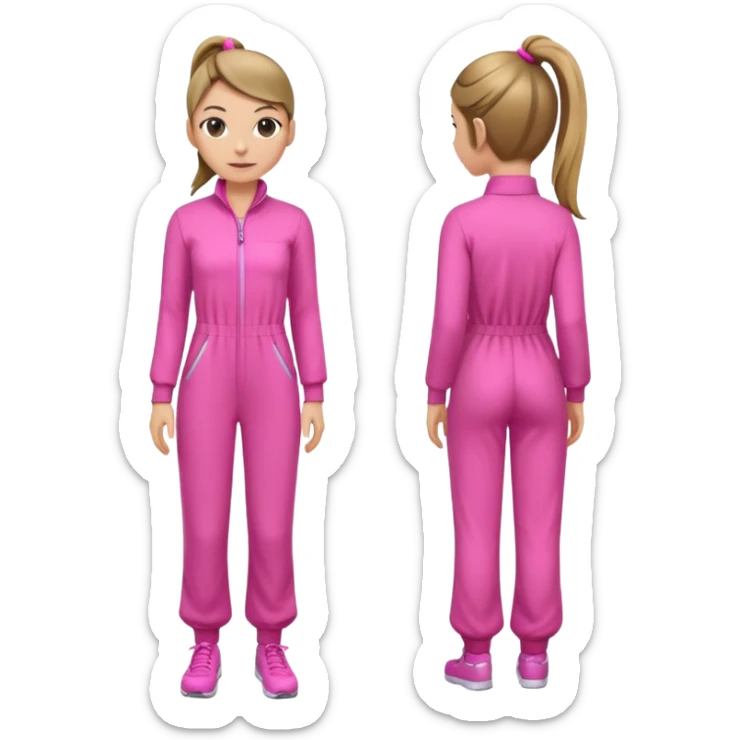 Woman dark blond hair ponytail pink  full body jumpsuit  sticker