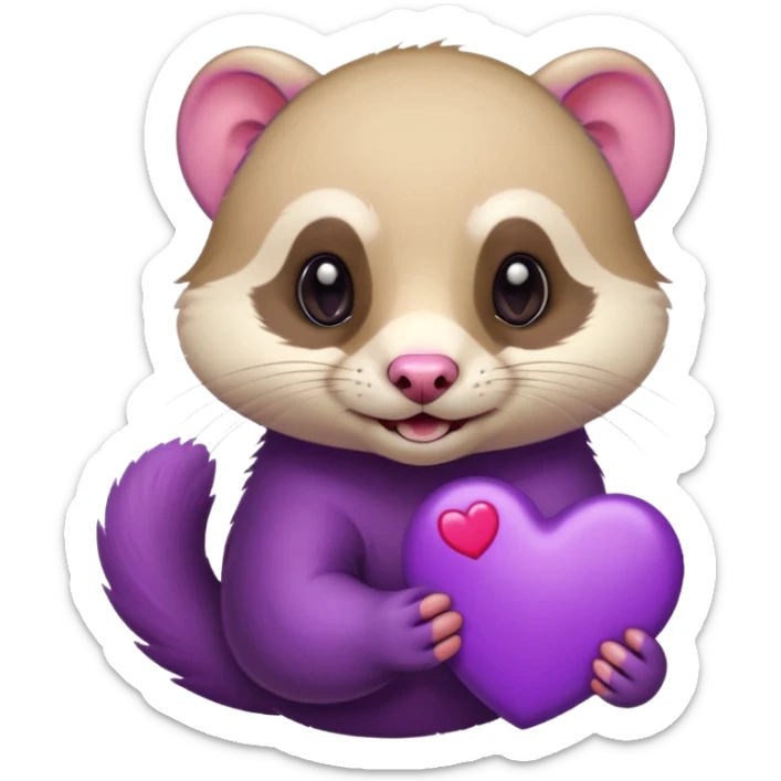 flirtatious ferret holding or surrounded by a purple heart, playful and cute expression, emoji style sticker