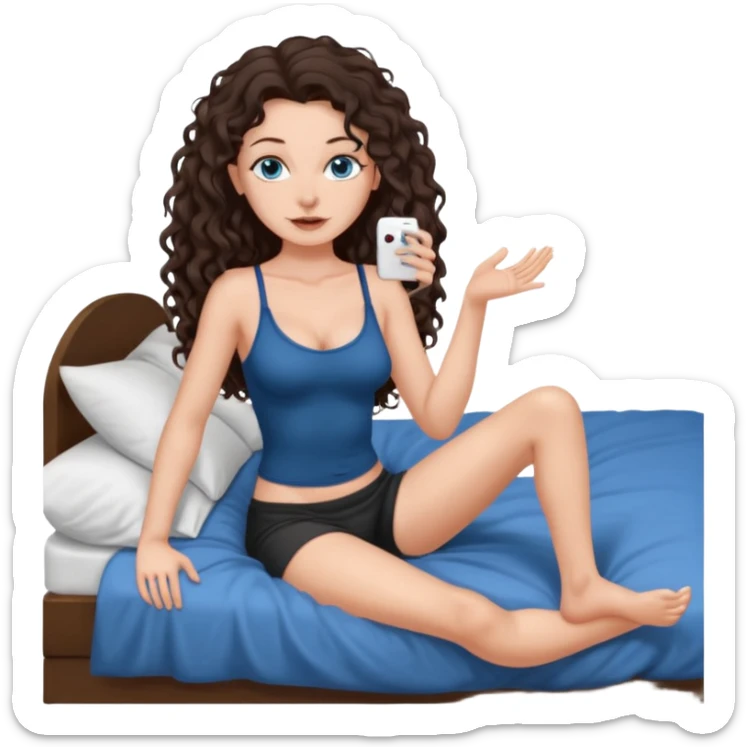 white girl, dark brown long slightly curly hair , skinni but with big breast , septum piercing on nose, beautiful dark gray-blue eyes, showing her foot in bed sticker